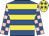 Royal blue, yellow hoops, royal blue and pink check sleeves, yellow cap, royal blue stars
