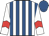 White, royal blue striped, red chevron on sleeves, royal blue cap