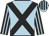 Light blue, black cross belts, black and light blue striped sleeves, light blue and black striped cap