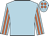 Light blue, orange striped sleeves, light blue cap, orange spots