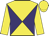 Yellow body, purple diabolo, yellow arms, yellow cap