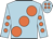 Light blue, large orange spots, orange spots on sleeves, light blue cap, orange spots