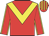 Red, yellow chevron, yellow seams on sleeves, striped cap