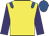 Yellow, royal blue epaulettes, purple sleeves, royal blue cap