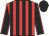 Red, black stripes, black sleeves, red seams, black cap