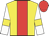 yellow, red stripe, yellow armbands on white sleeves, red cap