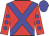red, blue cross sashes, red sleeves, blue spots, blue cap