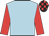 Pale blue, red sleeves, black and red check cap