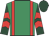 Emerald green, red braces, dark green and red chevrons on sleeves, dark green cap