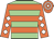 Light green, orange hoops, orange sleeves, white diamonds, hooped cap