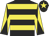 Black, yellow hoops, yellow and black diabolo on sleeves, black cap, yellow star