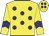 Yellow body, purple spots, yellow arms, purple chevron, yellow cap, purple spots