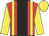 red, yellow braces, black stripe, yellow sleeves and cap
