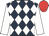 Dark blue and white diamonds, white sleeves, red cap