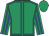 Emerald green, royal blue seams, striped sleeves, emerald green cap