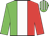 Green and red halved vertically, broad white stripe, striped cap