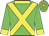 Green, yellow cross belts, collar and cuffs, hooped cap