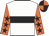 white, black hoop, orange sleeves with black stars, black and orange quartered cap
