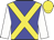 Blue, yellow cross sashes, white sleeves, yellow cap