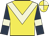 Yellow, beige chevron, dark blue sleeves, beige armlets, yellow and beige quartered cap