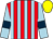 Red body, light blue stripes, light blue sleeves, dark blue armlets, yellow cap