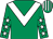 Emerald green, white chevron, emerald green sleeves, white stars, striped cap