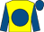 Yellow, royal blue disc, sleeves and cap