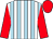 white, light blue stripes, red sleeves and cap