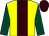 Yellow, brown stripe, dark green sleeves, brown cap