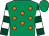 Emerald green, orange spots, dark green and white hooped sleeves, emerald green cap