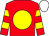 Red, yellow disc, hooped sleeves and cap