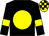 Black body, yellow disc, black arms, yellow armlets, yellow cap, black checked