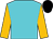 Peacock blue, old gold sleeves, black cap