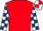 Red, white and royal blue check sleeves, white and red quartered cap