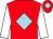 Red, light blue diamond, white sleeves, red cap, light blue diamond