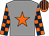 Grey, orange star, dark blue and orange check sleeves, orange and dark blue striped cap