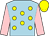Light blue, yellow spots, pink sleeves, yellow cap