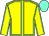 Yellow body, light blue seams, yellow arms, light blue seams, light blue cap