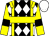 Black, white diamonds, yellow braces, epaulets, hoop, yellow sleeves, black armlets, white cap