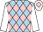 Light blue and pink diamonds, white sleeves, white cap, pink diamond