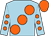 Light blue, large orange spots, light blue sleeves, orange spots and cap
