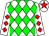 White, green diamonds, red diamonds on sleeves, red star on cap