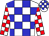 White body, blue checked, white arms, red checked, white cap, blue checked