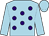 Light blue, purple spots, light blue sleeves and cap