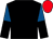 Black, royal blue and black halved sleeves, red cap
