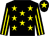 Black, yellow stars, striped sleeves and star on cap