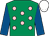 Emerald green, pink spots, royal blue sleeves, white cap