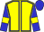 yellow, blue seams, yellow armbands on blue sleeves, blue cap