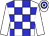 White, blue checked, white sleeves, hooped cap