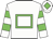 White with green hollow box, white sleeves with green hoops, White cap, Green diamond